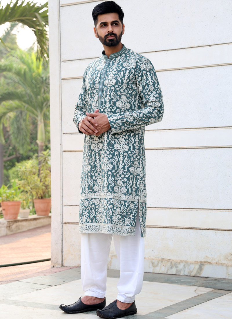 Green Grey Georgette Embroidered Festive Wear Kafnii With Patiala 
