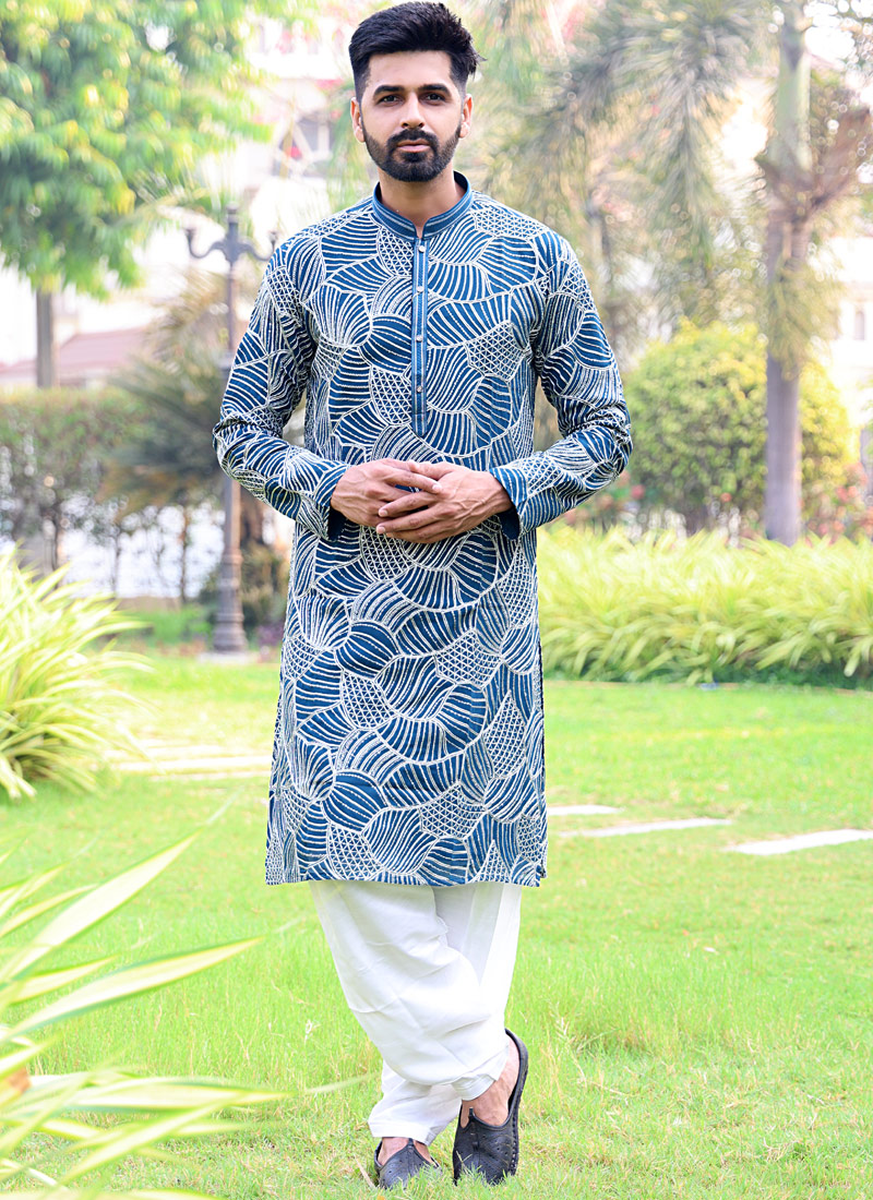 Teal Softfeel Threadwork Festive Wear Kafnii With Patiala