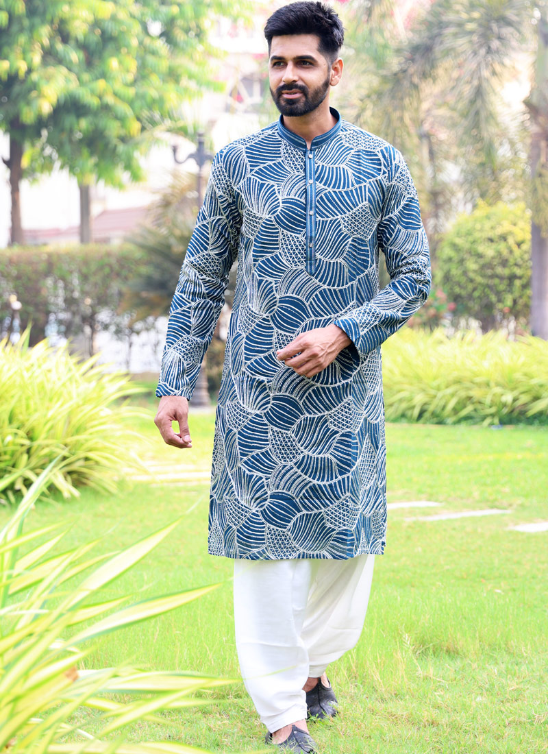 Teal Softfeel Threadwork Festive Wear Kafnii With Patiala