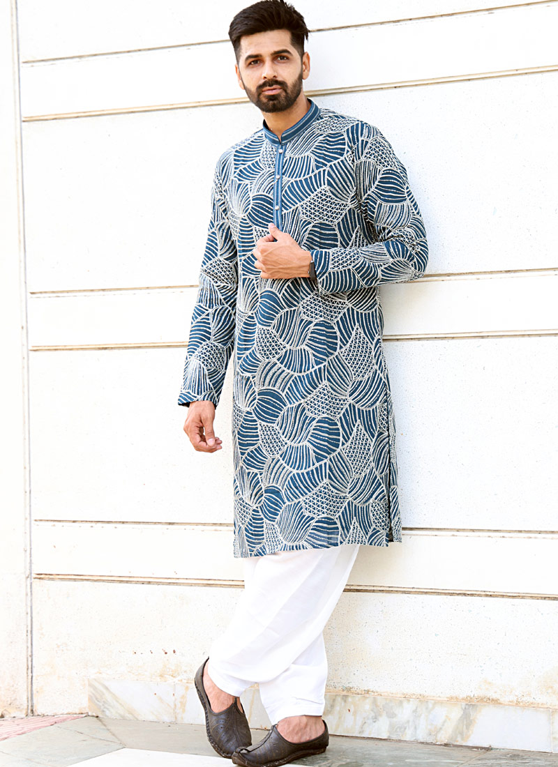 Teal Softfeel Threadwork Festive Wear Kafnii With Patiala