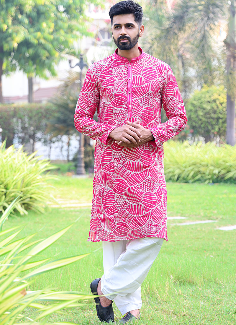 Hot Pink Softfeel Thread Work Festive Wear Kafnii With Patiala