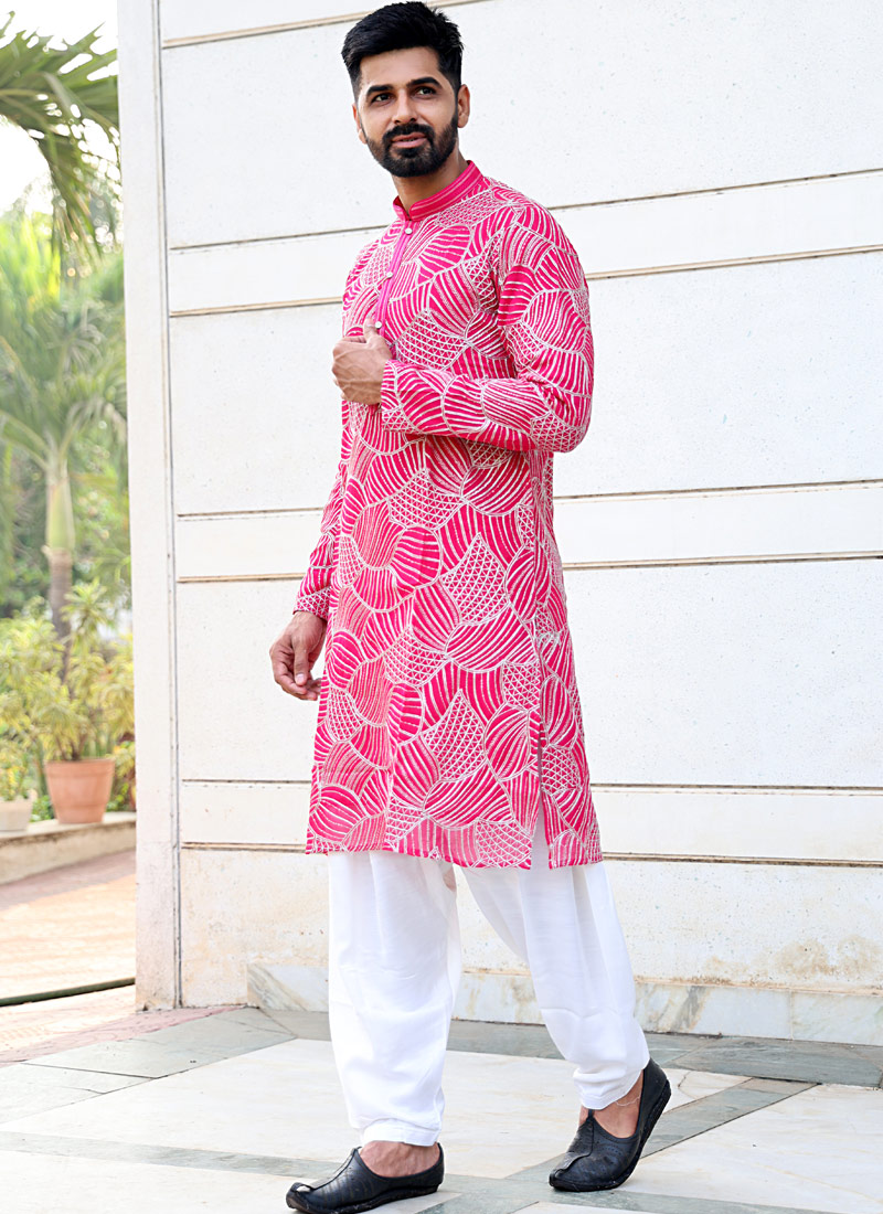 Hot Pink Softfeel Thread Work Festive Wear Kafnii With Patiala