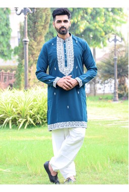 Peacock Blue Softfeel Thread Work Festive Wear Kafnii With Patiala