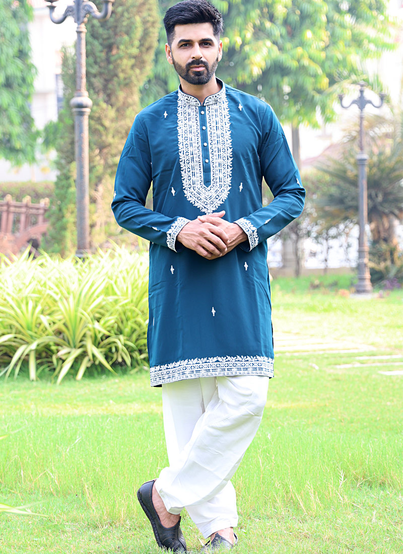 Peacock Blue Softfeel Thread Work Festive Wear Kafnii With Patiala