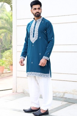 Peacock Blue Softfeel Thread Work Festive Wear Kafnii With Patiala