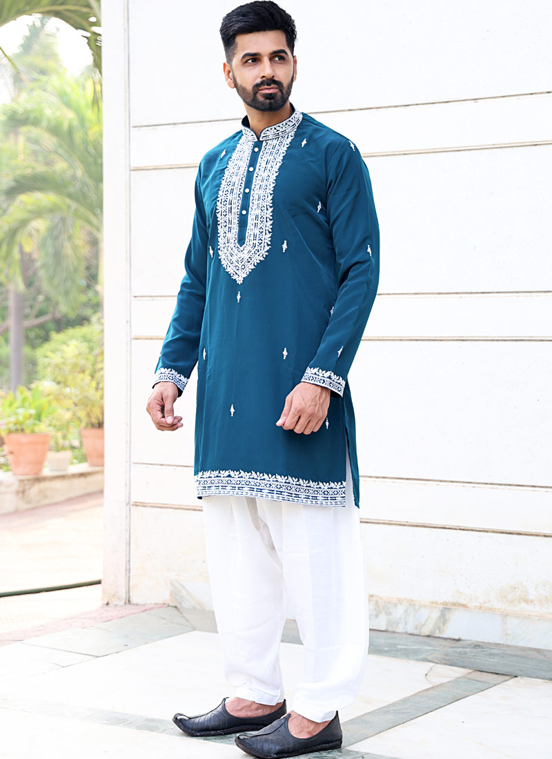 Peacock Blue Softfeel Thread Work Festive Wear Kafnii With Patiala