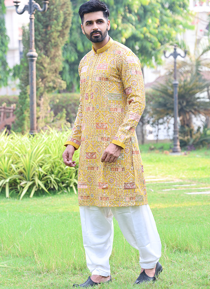 Mustard Georgette Embroidered Kafnii With Patiala For Haldi