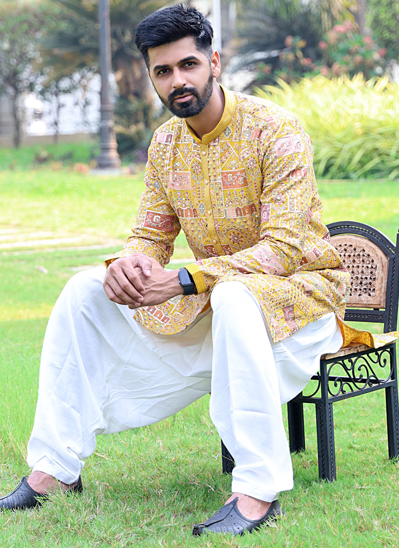 Mustard Georgette Embroidered Kafnii With Patiala For Haldi