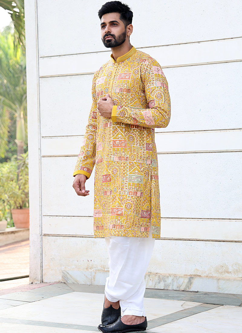 Mustard Georgette Embroidered Kafnii With Patiala For Haldi
