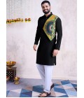 Black Reyon Embroidered Mirror Work Navratri Mens Kurta With Bottom Black Reyon Embroidered Mirror Work Navratri Mens Kurta With Bottom