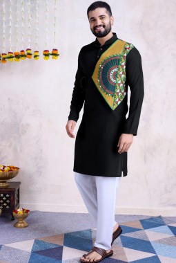 Black Reyon Embroidered Mirror Work Navratri Mens Kurta With Bottom