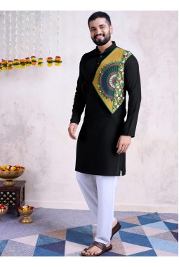 Black Reyon Embroidered Mirror Work Navratri Mens Kurta With Bottom