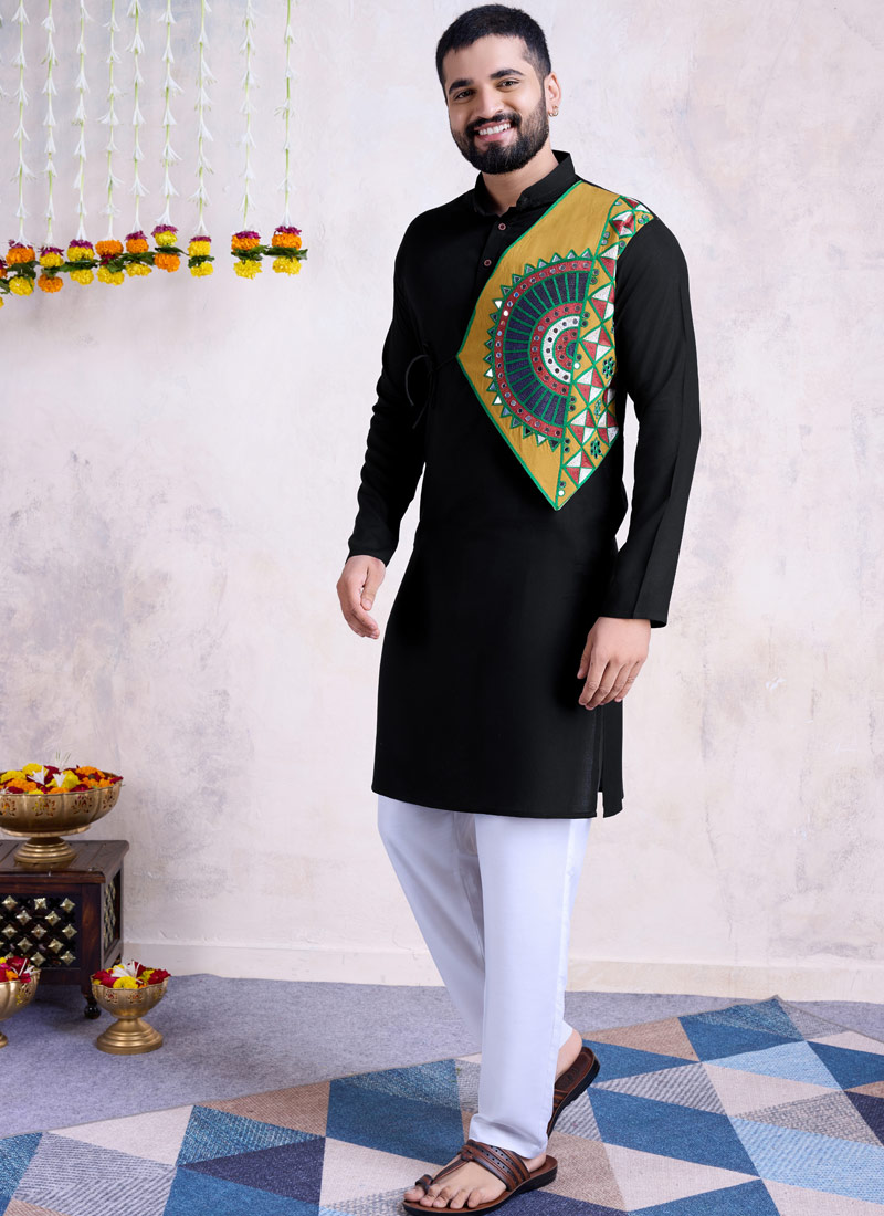 Black Reyon Embroidered Mirror Work Navratri Mens Kurta With Bottom Black Reyon Embroidered Mirror Work Navratri Mens Kurta With Bottom