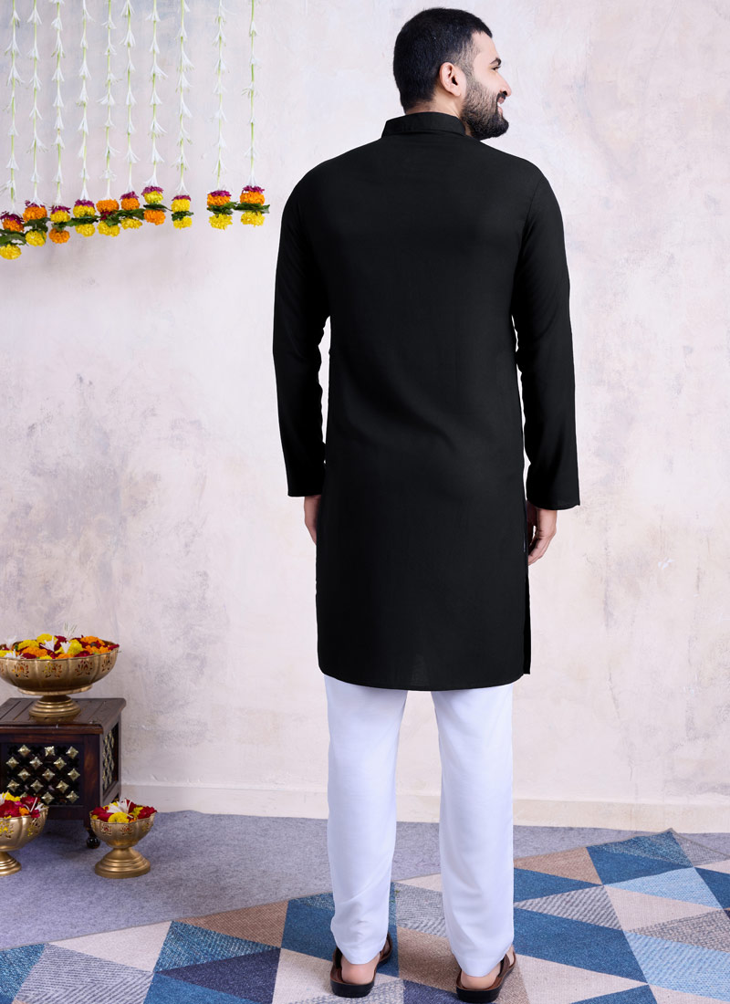 Black Reyon Embroidered Mirror Work Navratri Mens Kurta With Bottom Black Reyon Embroidered Mirror Work Navratri Mens Kurta With Bottom