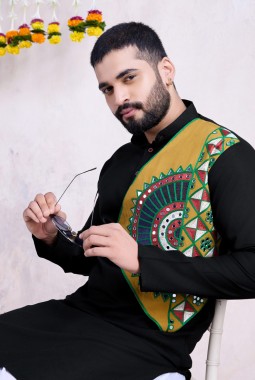 Black Reyon Embroidered Mirror Work Navratri Mens Kurta With Bottom