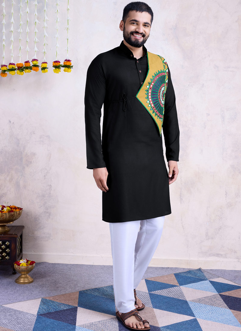 Black Reyon Embroidered Mirror Work Navratri Mens Kurta With Bottom Black Reyon Embroidered Mirror Work Navratri Mens Kurta With Bottom