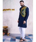 Navy Blue Rayon Mirror Work Navratri Mens Kurta With Bottom Navy Blue Rayon Mirror Work Navratri Mens Kurta With Bottom