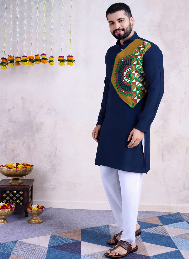 Navy Blue Rayon Mirror Work Navratri Mens Kurta With Bottom Navy Blue Rayon Mirror Work Navratri Mens Kurta With Bottom