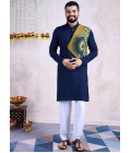 Navy Blue Rayon Mirror Work Navratri Mens Kurta With Bottom Navy Blue Rayon Mirror Work Navratri Mens Kurta With Bottom