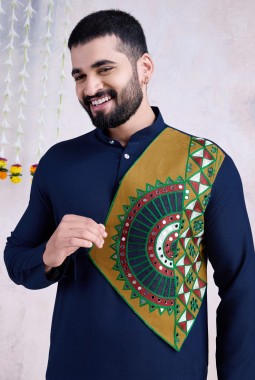 Navy Blue Rayon Mirror Work Navratri Mens Kurta With Bottom 