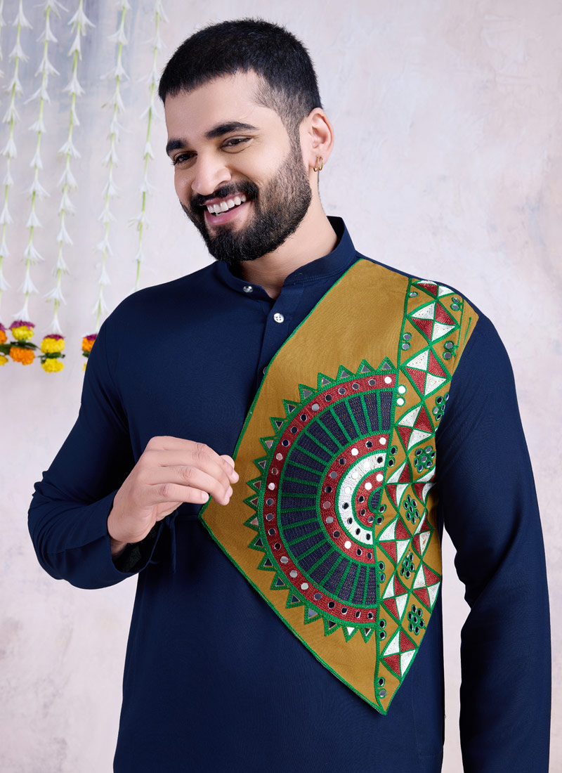Navy Blue Rayon Mirror Work Navratri Mens Kurta With Bottom Navy Blue Rayon Mirror Work Navratri Mens Kurta With Bottom
