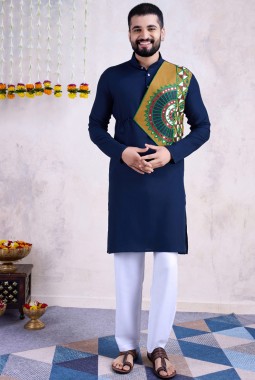 Navy Blue Rayon Mirror Work Navratri Mens Kurta With Bottom 