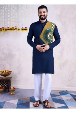 Navy Blue Rayon Mirror Work Navratri Mens Kurta With Bottom 