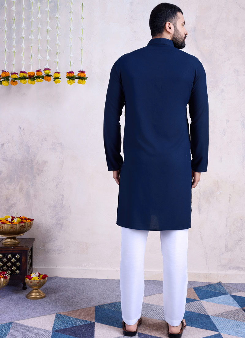 Navy Blue Rayon Mirror Work Navratri Mens Kurta With Bottom Navy Blue Rayon Mirror Work Navratri Mens Kurta With Bottom