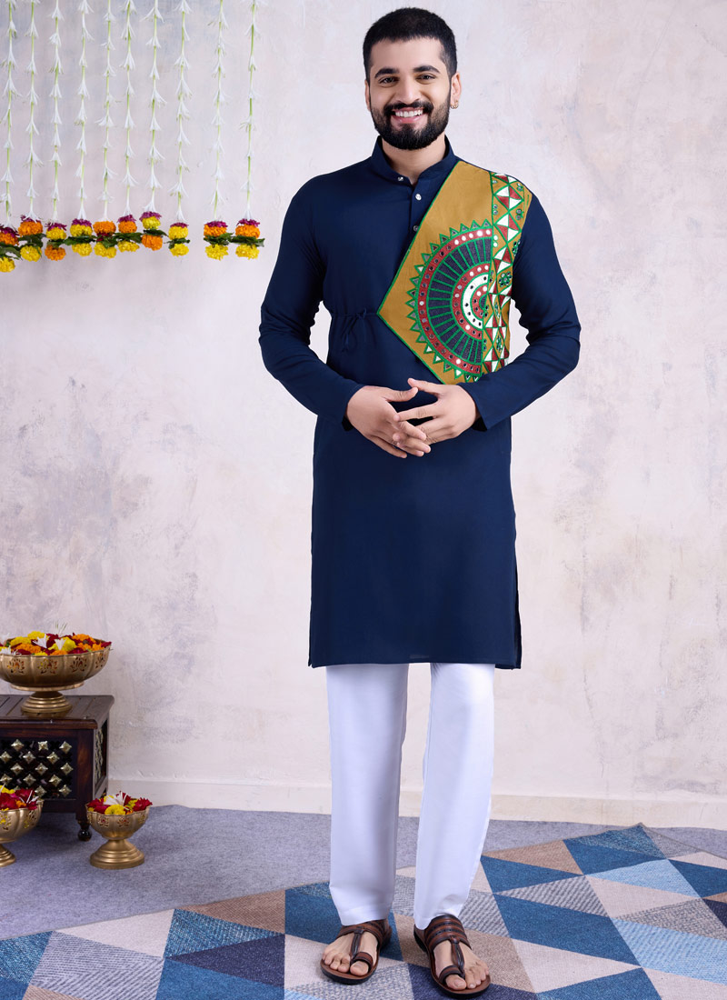 Navy Blue Rayon Mirror Work Navratri Mens Kurta With Bottom Navy Blue Rayon Mirror Work Navratri Mens Kurta With Bottom