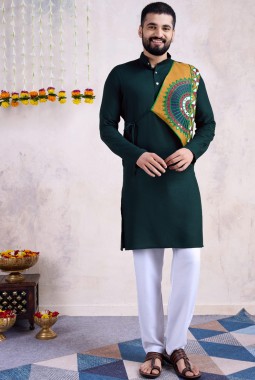 Green Reyon Embroidered Navratri Mens Kurta With Bottom