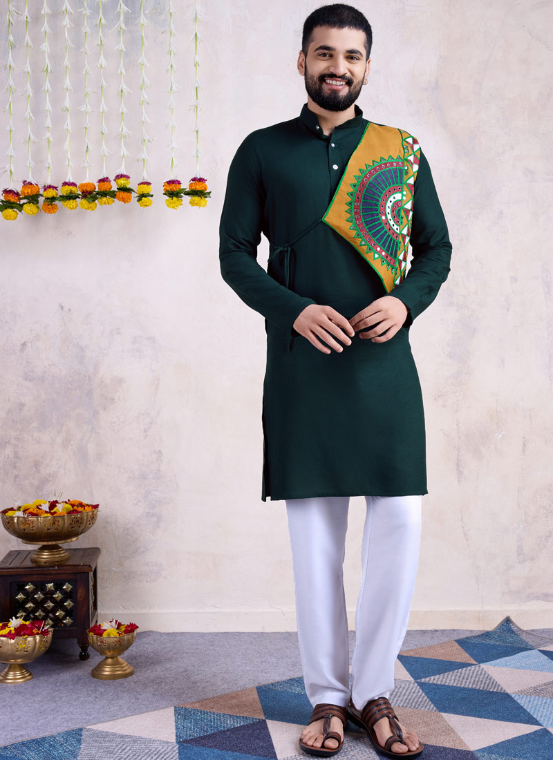 Green Reyon Embroidered Navratri Mens Kurta With Bottom Green Reyon Embroidered Navratri Mens Kurta With Bottom