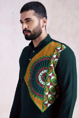 Green Reyon Embroidered Navratri Mens Kurta With Bottom