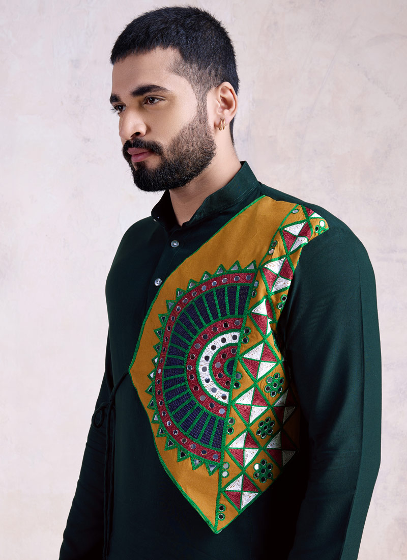 Green Reyon Embroidered Navratri Mens Kurta With Bottom Green Reyon Embroidered Navratri Mens Kurta With Bottom
