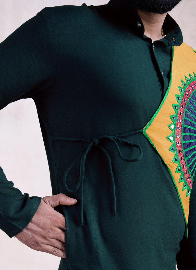 Green Reyon Embroidered Navratri Mens Kurta With Bottom Green Reyon Embroidered Navratri Mens Kurta With Bottom