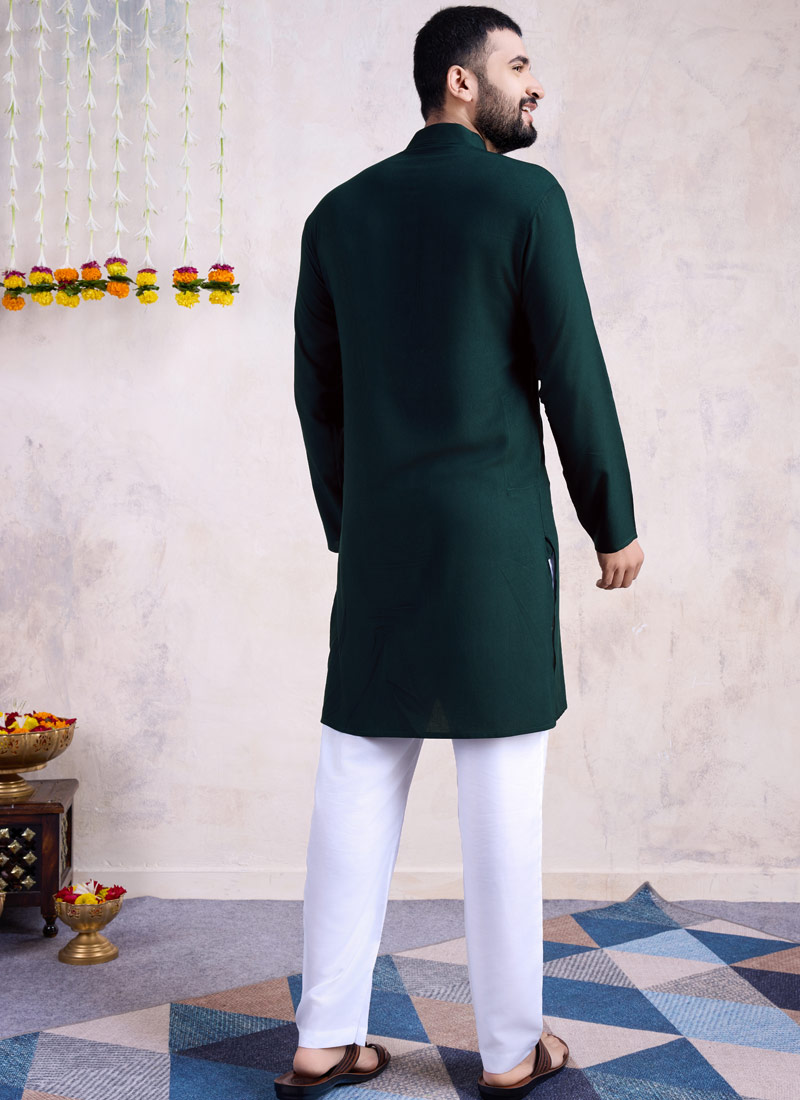 Green Reyon Embroidered Navratri Mens Kurta With Bottom Green Reyon Embroidered Navratri Mens Kurta With Bottom