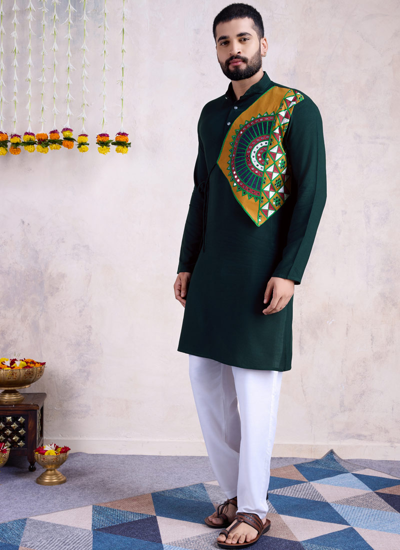 Green Reyon Embroidered Navratri Mens Kurta With Bottom Green Reyon Embroidered Navratri Mens Kurta With Bottom