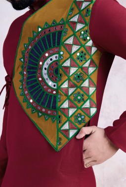 Maroon Reyon Embroidered Mirror Work Navratri Mens Kurta With Bottom