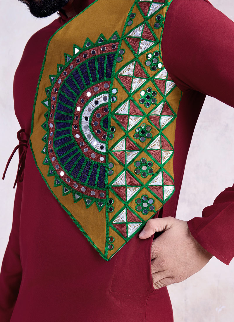 Maroon Reyon Embroidered Mirror Work Navratri Mens Kurta With Bottom Maroon Reyon Embroidered Mirror Work Navratri Mens Kurta With Bottom