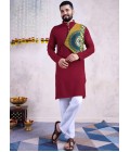 Maroon Reyon Embroidered Mirror Work Navratri Mens Kurta With Bottom Maroon Reyon Embroidered Mirror Work Navratri Mens Kurta With Bottom