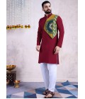 Maroon Reyon Embroidered Mirror Work Navratri Mens Kurta With Bottom Maroon Reyon Embroidered Mirror Work Navratri Mens Kurta With Bottom