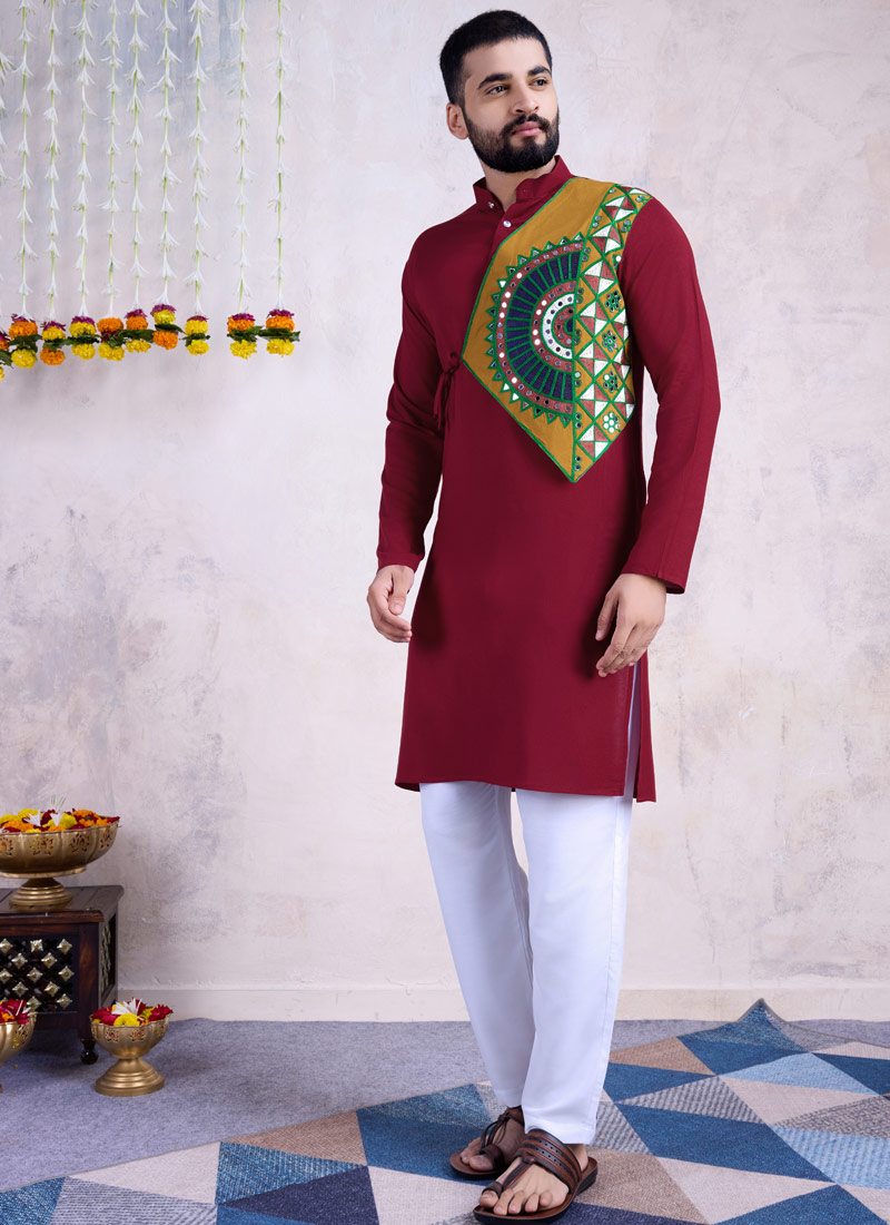 Maroon Reyon Embroidered Mirror Work Navratri Mens Kurta With Bottom Maroon Reyon Embroidered Mirror Work Navratri Mens Kurta With Bottom