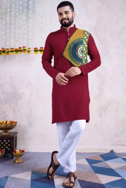 Maroon Reyon Embroidered Mirror Work Navratri Mens Kurta With Bottom