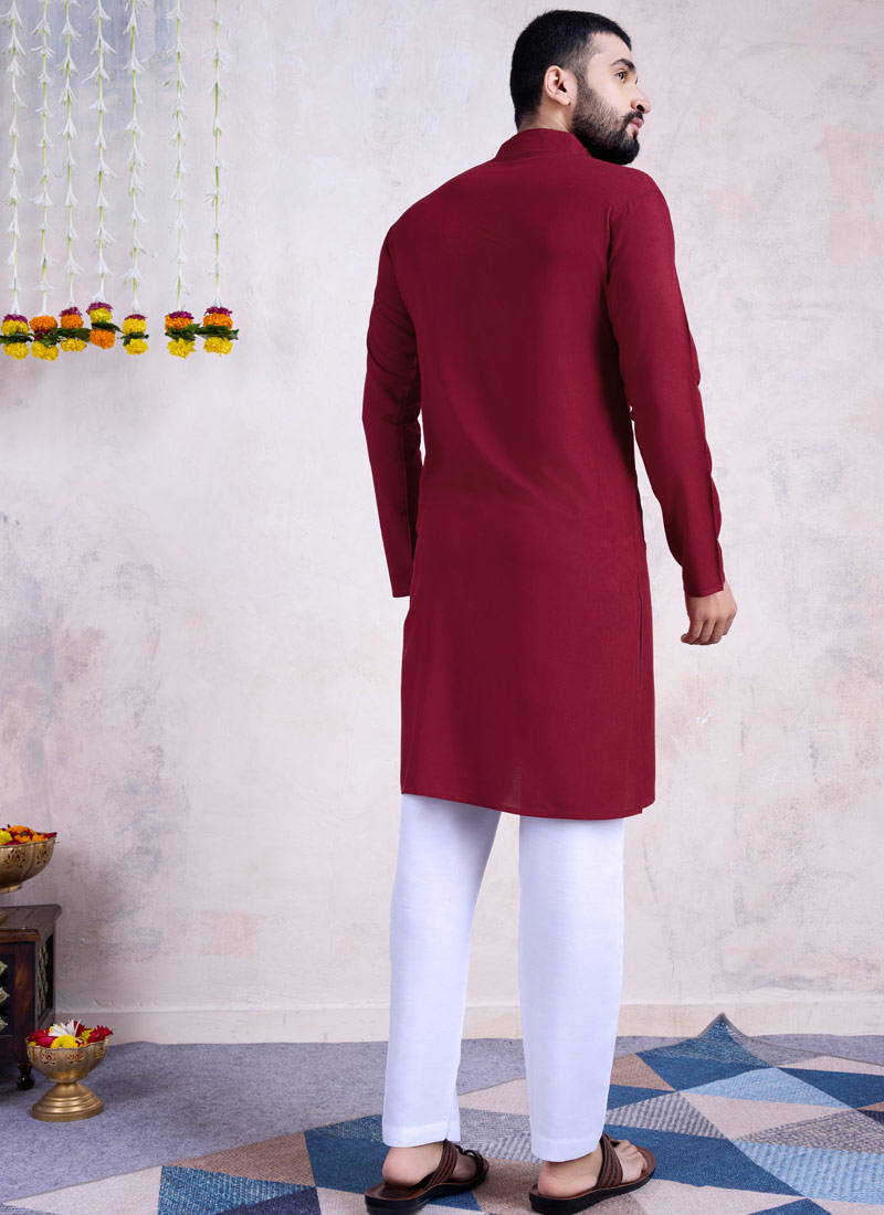 Maroon Reyon Embroidered Mirror Work Navratri Mens Kurta With Bottom Maroon Reyon Embroidered Mirror Work Navratri Mens Kurta With Bottom