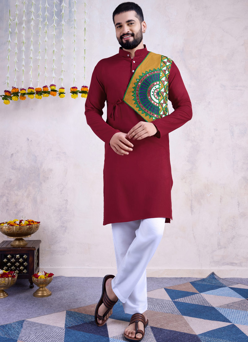 Maroon Reyon Embroidered Mirror Work Navratri Mens Kurta With Bottom Maroon Reyon Embroidered Mirror Work Navratri Mens Kurta With Bottom