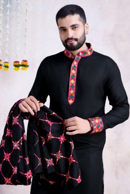 Black Rayon Embroidered Navratri Mens Kurta Pajama With Dupatta