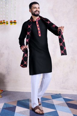 Black Rayon Embroidered Navratri Mens Kurta Pajama With Dupatta