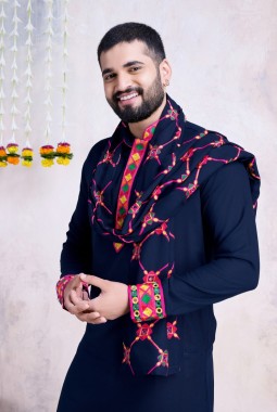 Navy Blue Rayon Embroidery Mirror Work Navratri Mens Kurta Pajama With Dupatta