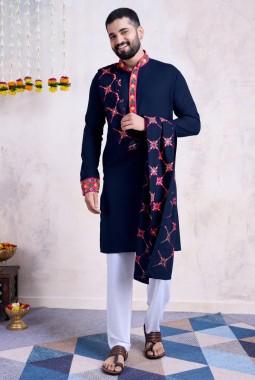 Navy Blue Rayon Embroidery Mirror Work Navratri Mens Kurta Pajama With Dupatta