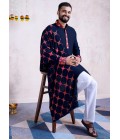 Navy Blue Rayon Embroidery Mirror Work Navratri Mens Kurta Pajama With Dupatta Navy Blue Rayon Embroidery Mirror Work Navratri Mens Kurta Pajama With Dupatta