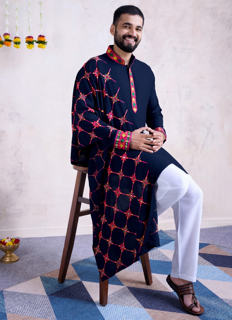 Navy Blue Rayon Embroidery Mirror Work Navratri Mens Kurta Pajama With Dupatta Navy Blue Rayon Embroidery Mirror Work Navratri Mens Kurta Pajama With Dupatta